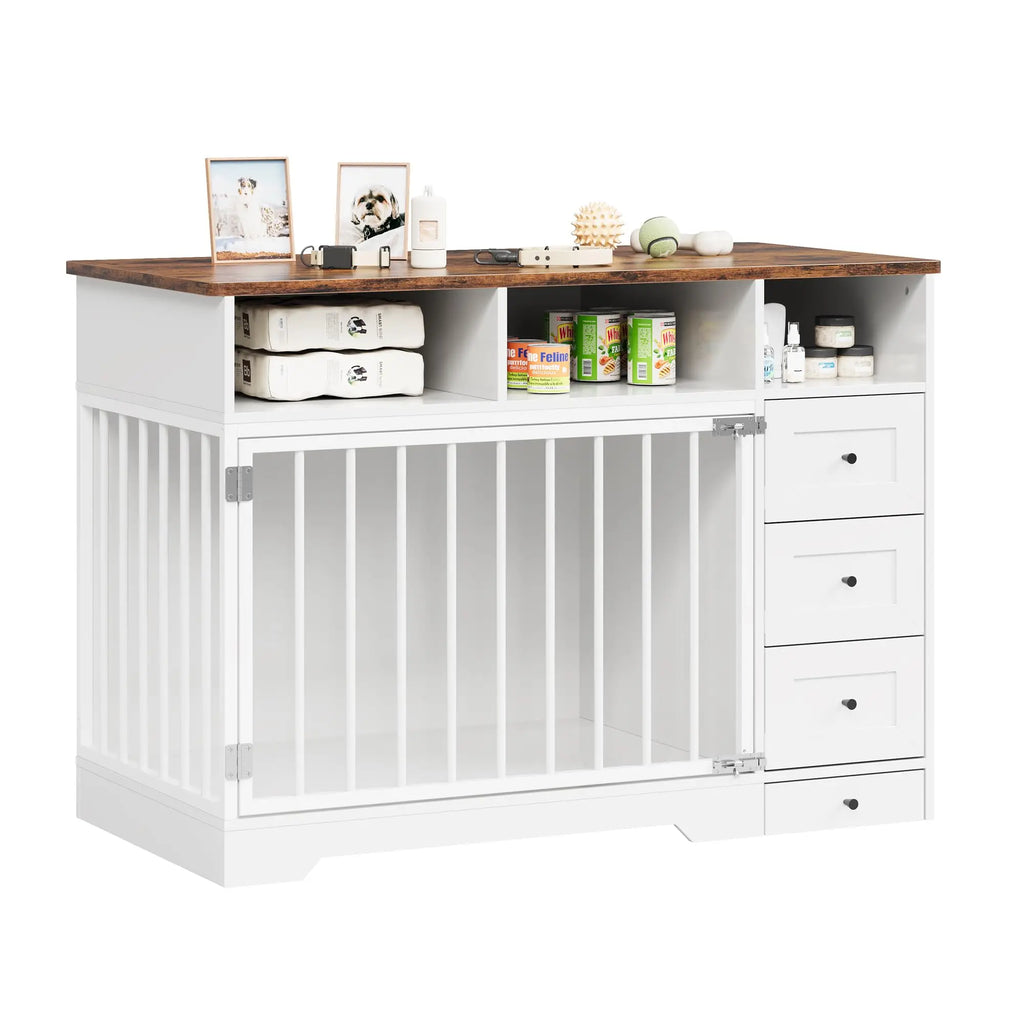 48 Inch Large Farmhouse Wooden Dog Crate Furniture With 6 Storage Drawers