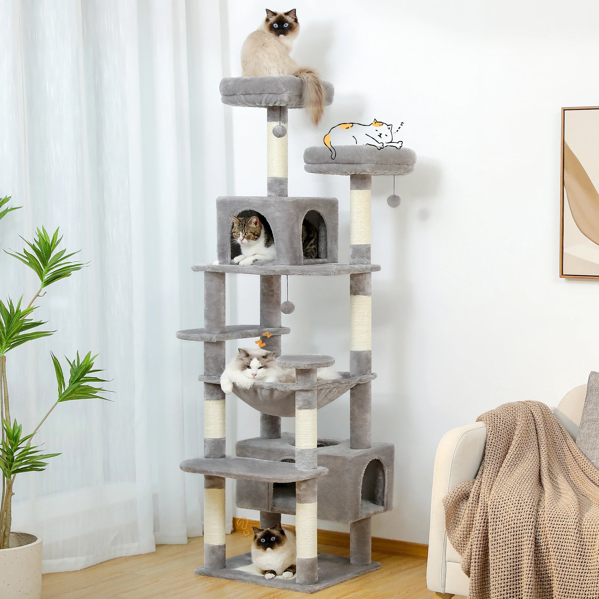 Large Cat Tree and Tower for Indoor Cats With Sisal-Covered Scratching Posts, Spacious Hammock and Padded Perches