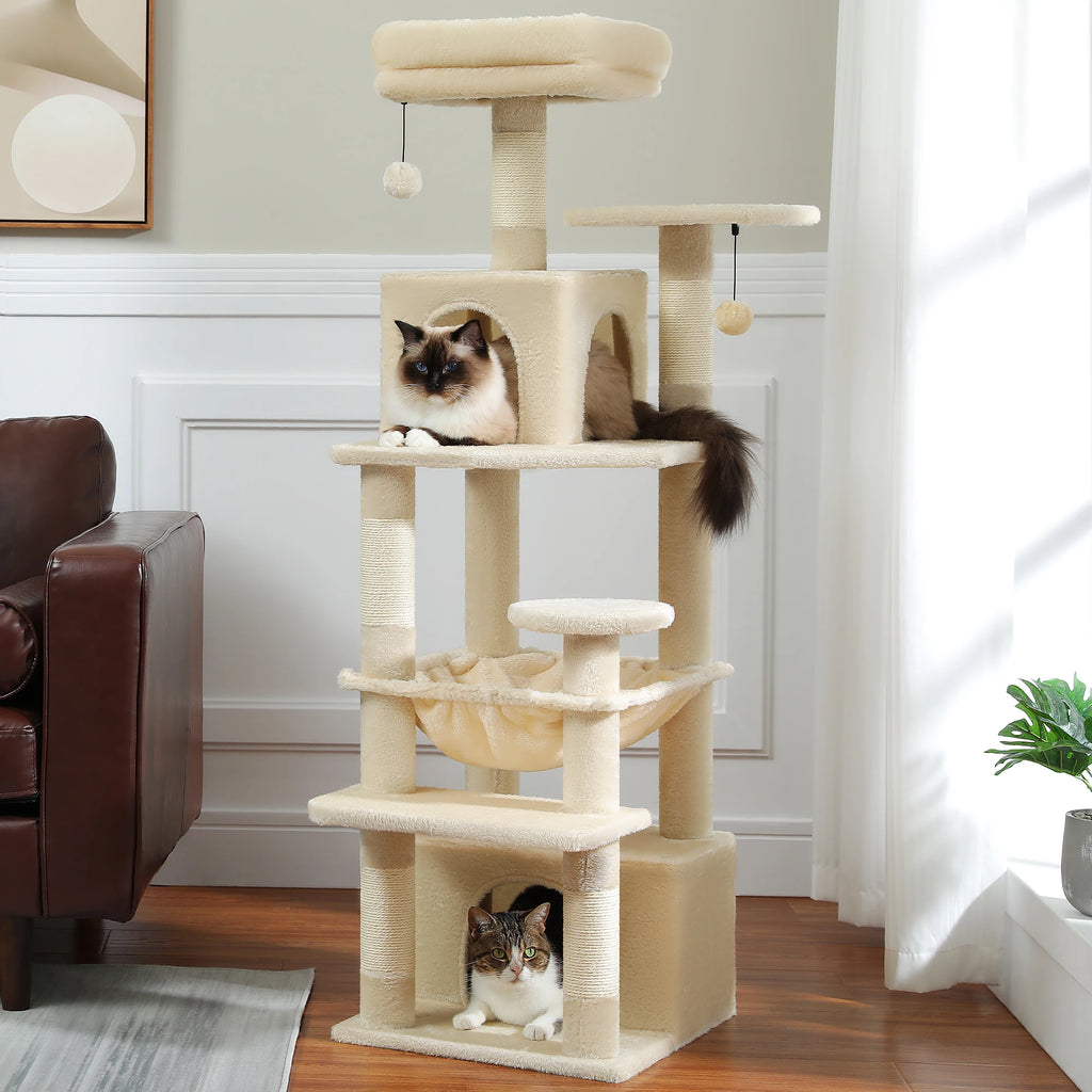 6-levels Cat Tree Tower with Joyful Pompom, Cozy Hammock, Double Condos, 2 Top Perches, 5 Scratching Posts. Perfect for Indoor Cats
