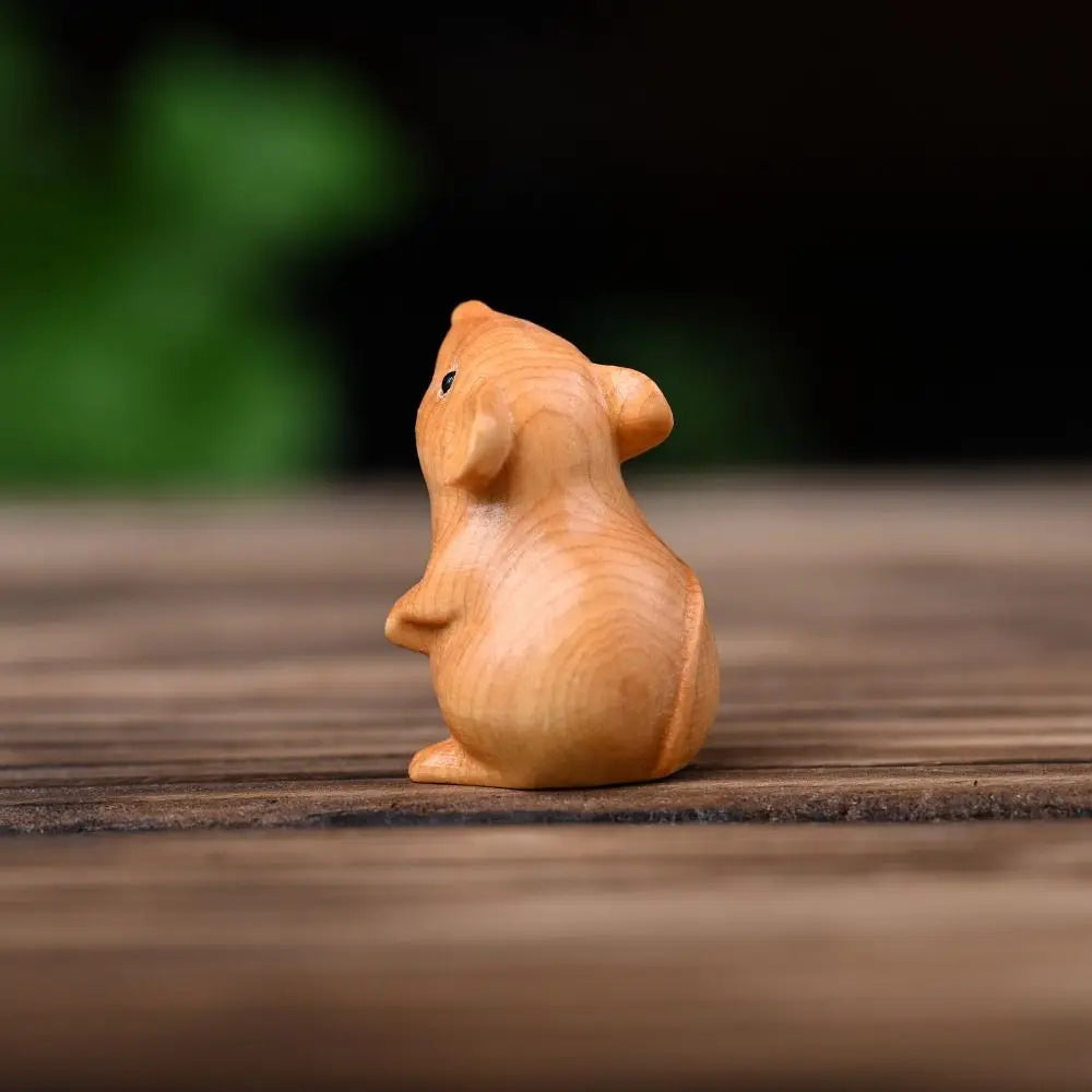 Wood Carved Zodiac Mouse Statuette. Cute Decorative Hamster Statue