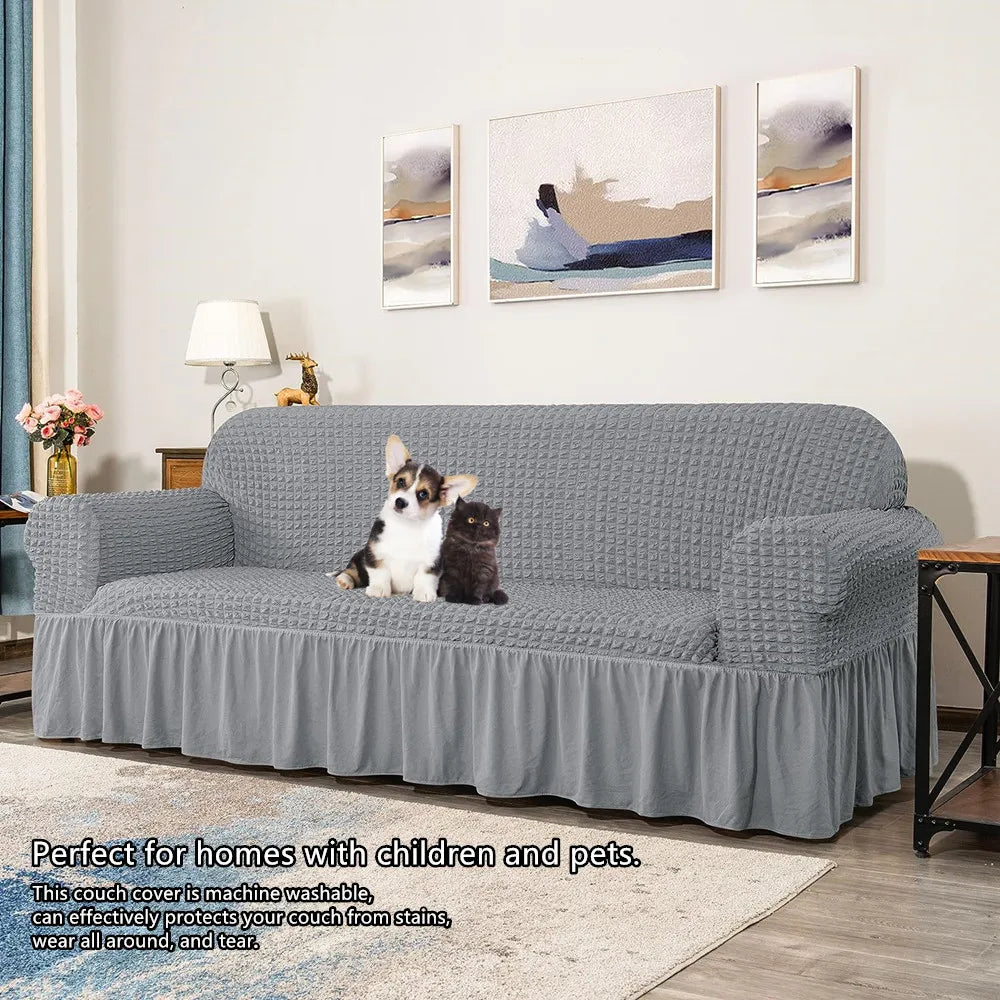 High Elastic Bubble Grid Sofa Cover. 1/2/3/4 With Skirt Hem. Universal Stretch Couch Protector For Home Living Room. Pet Anti Dirt