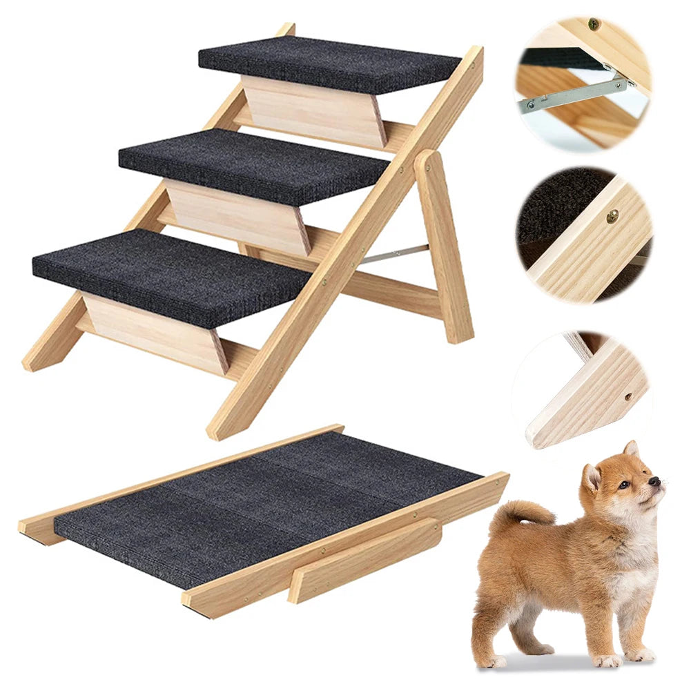Wooden Dog Stairs. Foldable Non-slip Portable Pet Ladder for Small Animals Climbing