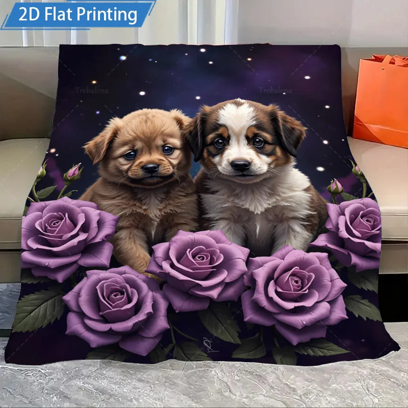 1pc Flannel Blanket with Cute Cats and Purple Roses over a Night Sky. Cozy Soft Bed Throw Cover for Home Decor