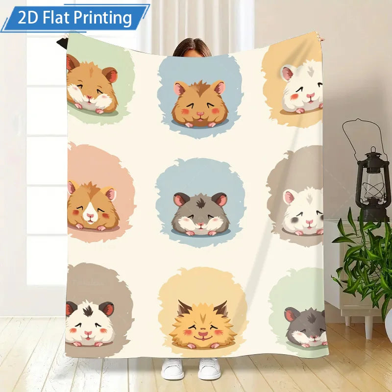 1pc Flannel Blanket with Cute Hamster Print Fleece Blanket. Soft Cozy Throw for Bed, Couch, Living Room or as a Gift