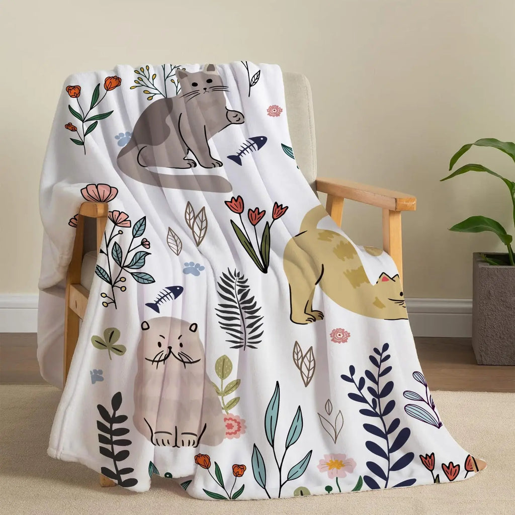 Floral Cat Throw Blanket, Cozy Flannel Plush for Bed Chair Couch, 50x60 Inch, Gift for Cat Lovers