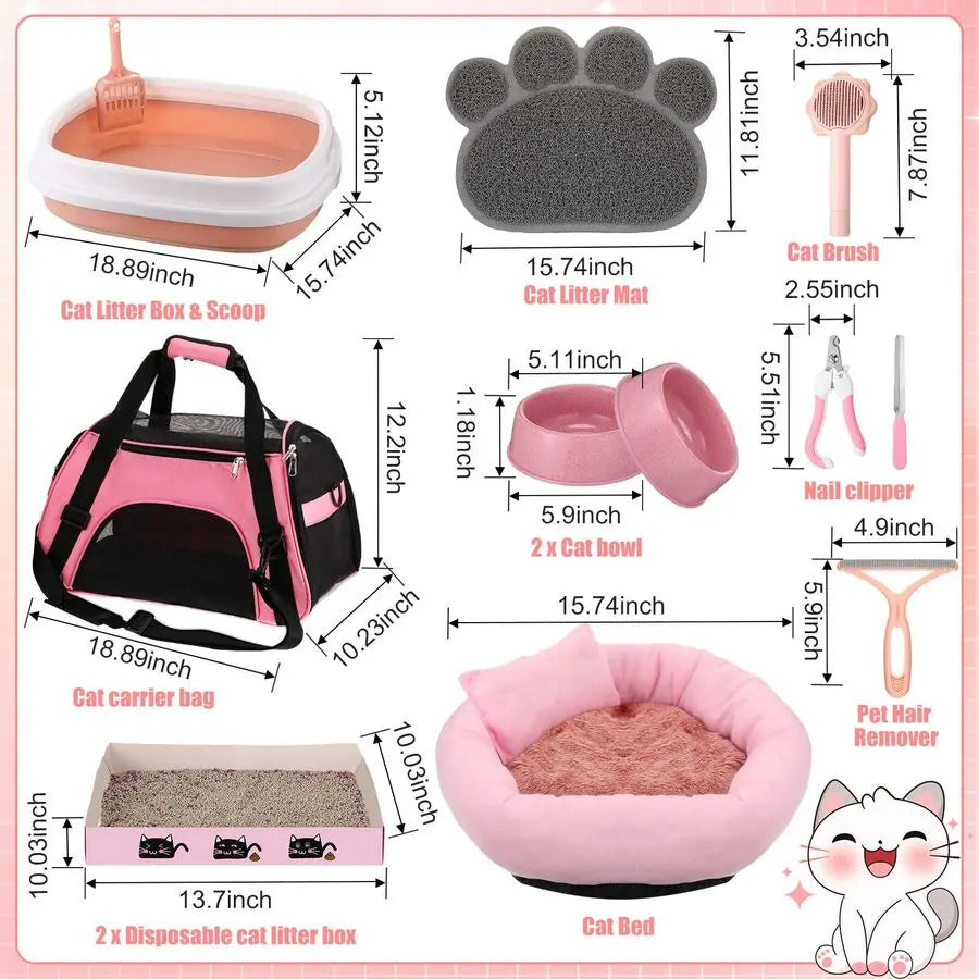 Kitten Starter Kit for Indoor Cats Include Cat Litter Box Toys, Hammock, Bed Scratch Pad, Climbing Post, Feed Bowls, Mat