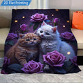 1pc Flannel Blanket with Cute Cats and Purple Roses over a Night Sky. Cozy Soft Bed Throw Cover for Home Decor