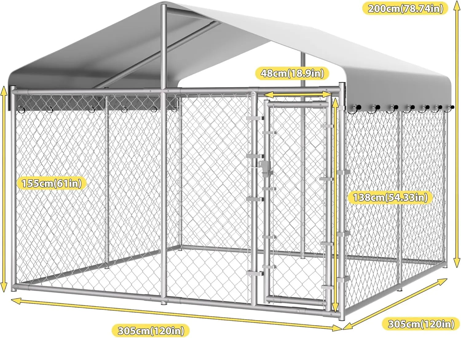 Extra Large 10x10x6.56ft Outdoor Dog Kennel with Roof, Anti-Rust Galvanized Chain Link Enclosure and Secure Lock
