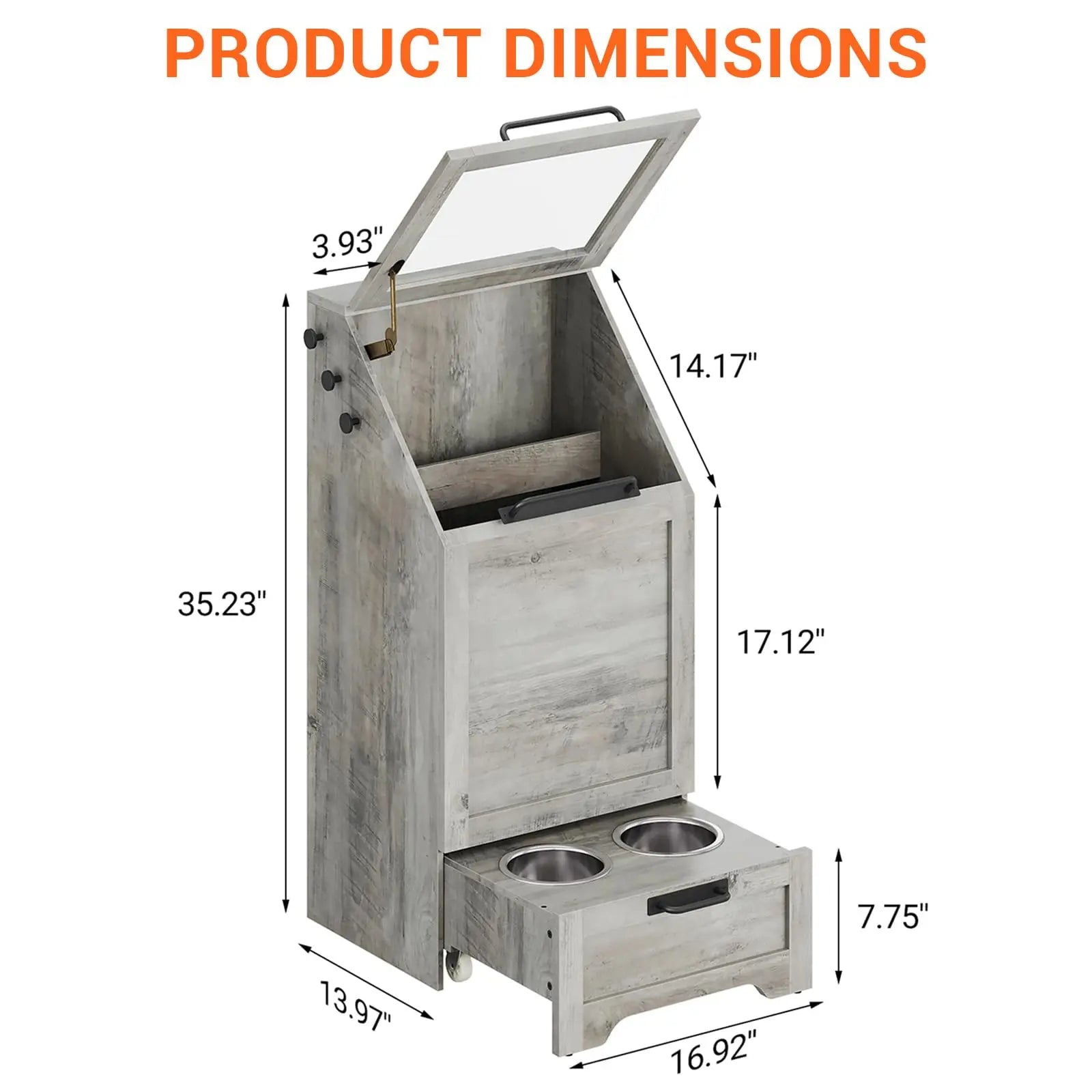 Large Dog Food Storage Cabinet with Flip Top - Pet Feeding Station & Organizer w/Transparent Lid, Side Hooks for Leashes