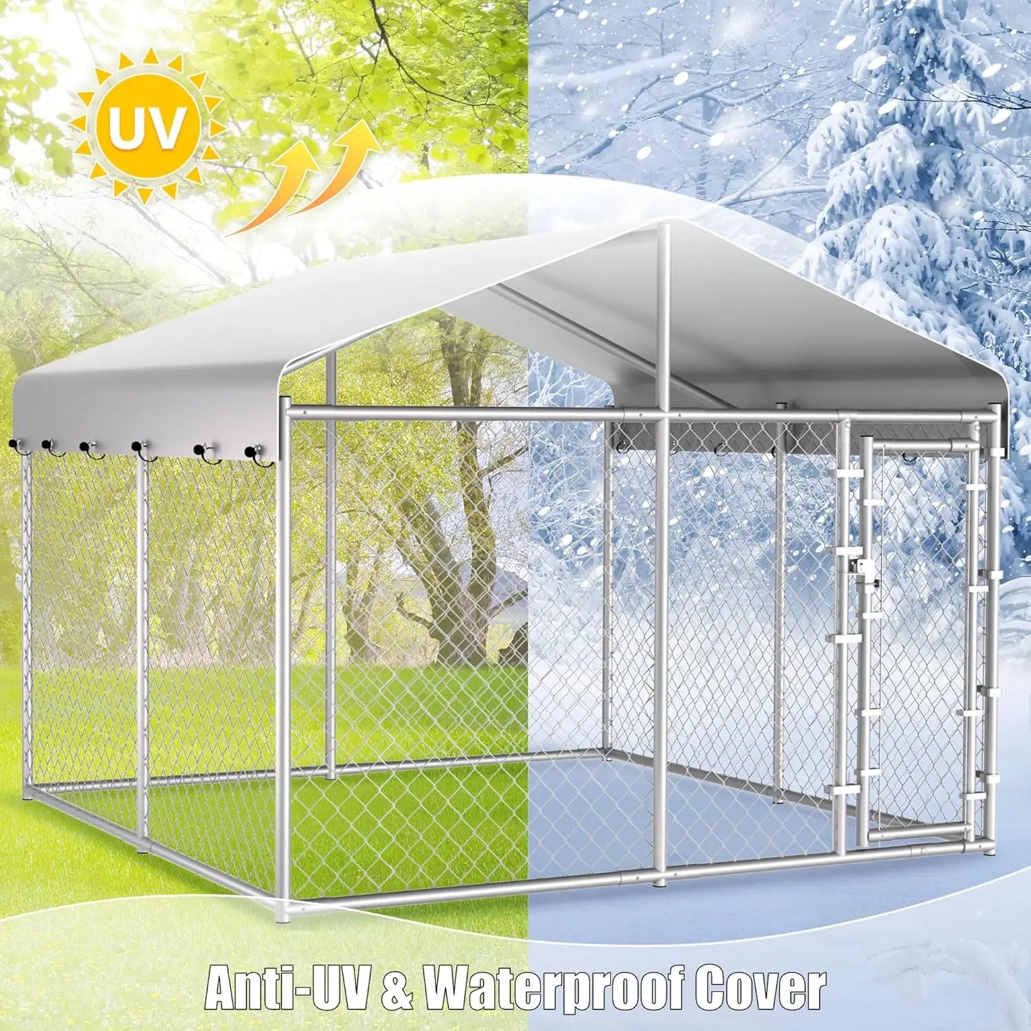 Extra Large 10x10x6.56ft Outdoor Dog Kennel with Roof, Anti-Rust Galvanized Chain Link Enclosure and Secure Lock