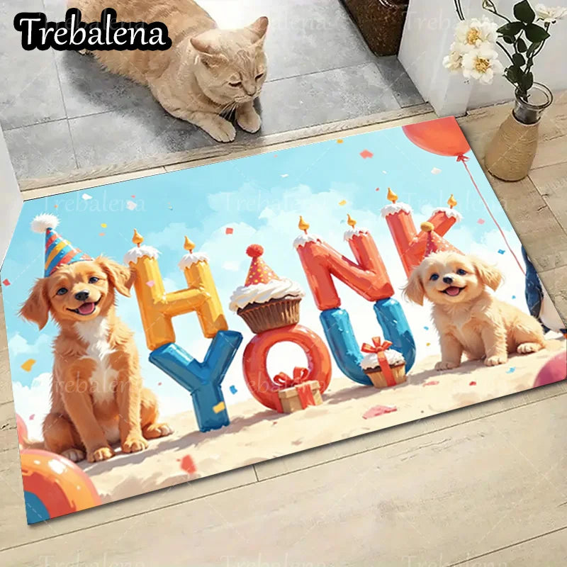 1pc Welcome Door Mat with avCute Puppy Birthday Party. Decorative Floor Mat for Home Entrance