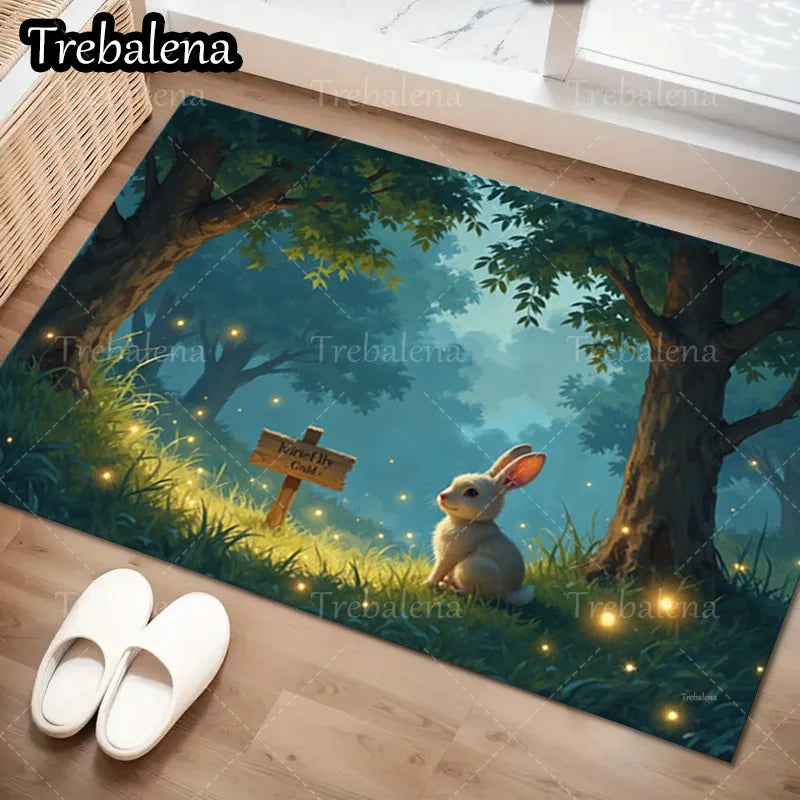 1pc Welcome Door Mat with Enchanted Forest and a Rabbit. Welcome Mat For Home Decor