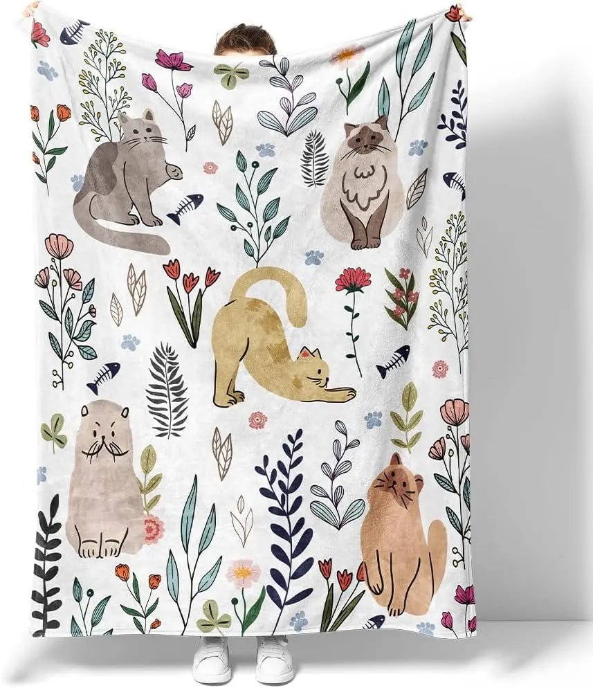 Floral Cat Throw Blanket, Cozy Flannel Plush for Bed Chair Couch, 50x60 Inch, Gift for Cat Lovers