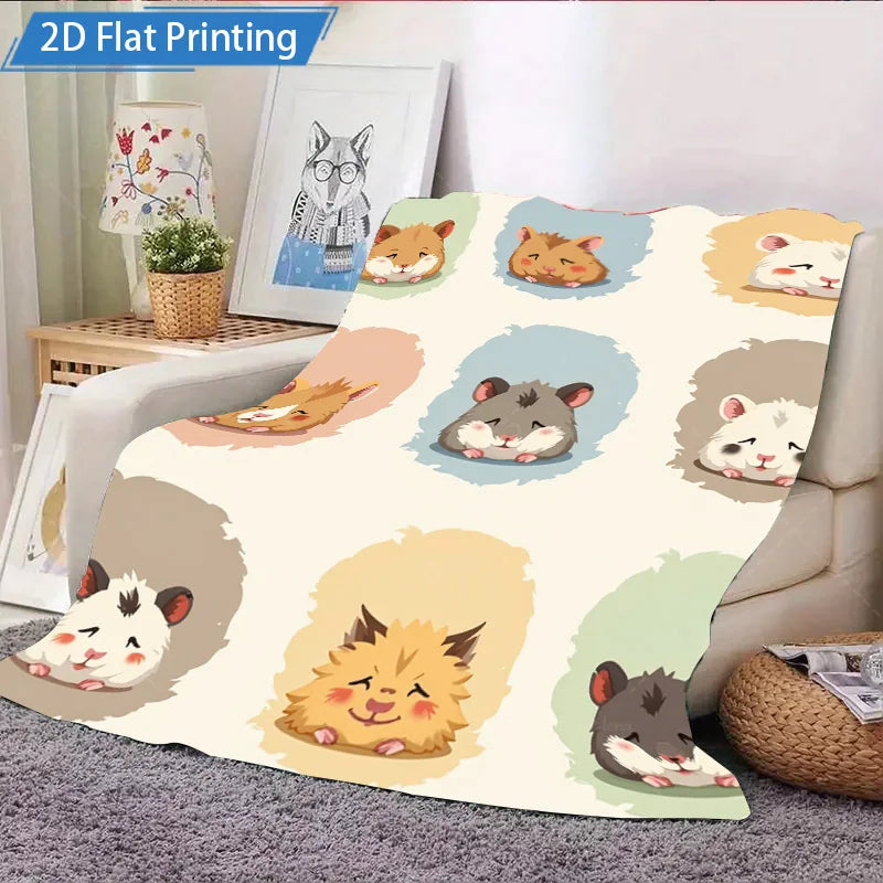 1pc Flannel Blanket with Cute Hamster Print Fleece Blanket. Soft Cozy Throw for Bed, Couch, Living Room or as a Gift