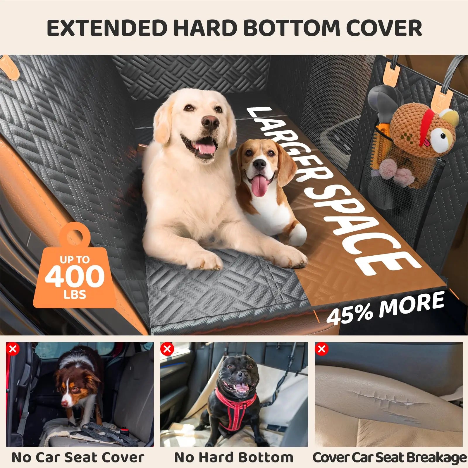 Car Rear Seat Dog Cover, Hard Bottom Rear Seat Extender, Load-Bearing 400 Pounds, 600D Heavy-Duty Anti-Scratch Washable Dog Hammock for Cars and Suv's