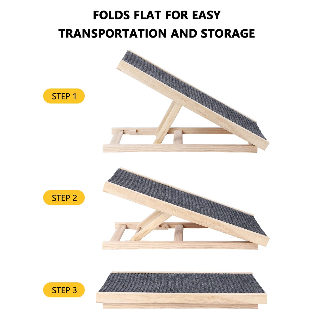 Dog Wooden Ramp with Adjustable Height. Folding Portable Ramp with Anti-Skid and Wear-Resistant Horizontal Slope Surface