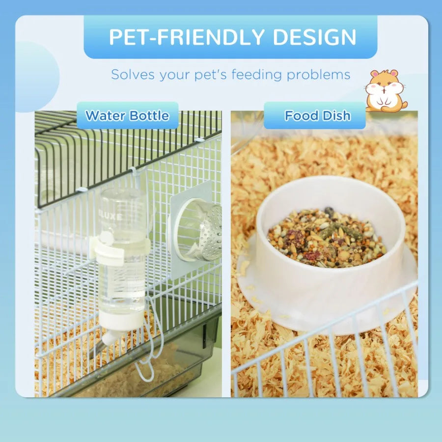 Compact Gerbil or Dwarf Hamster Cage with Tubes Exercise, Wheel, Food Dish and Water Bottle