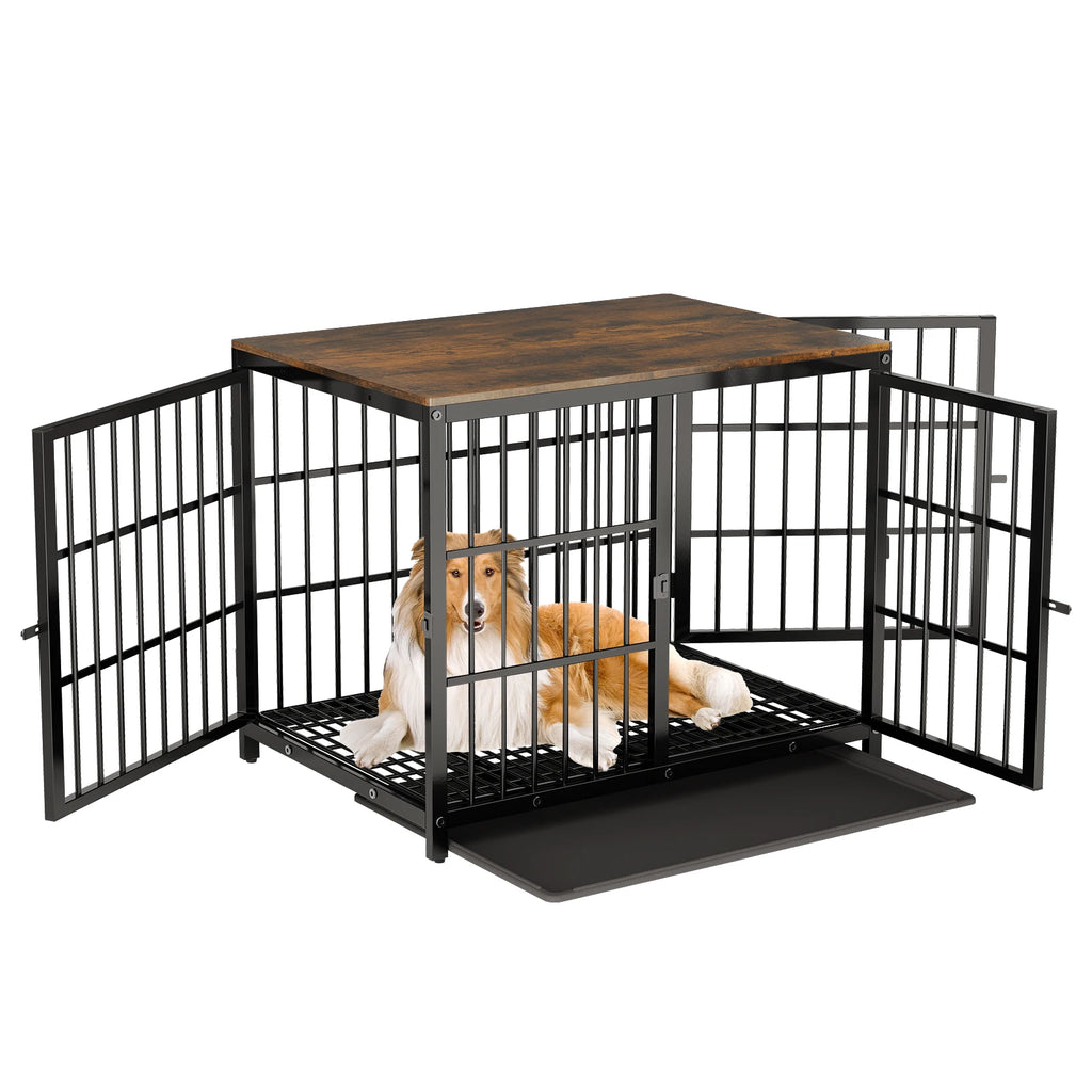 Heavy Duty Metal Wooden Dog Crate End Table with Three Doors and Removable Tray