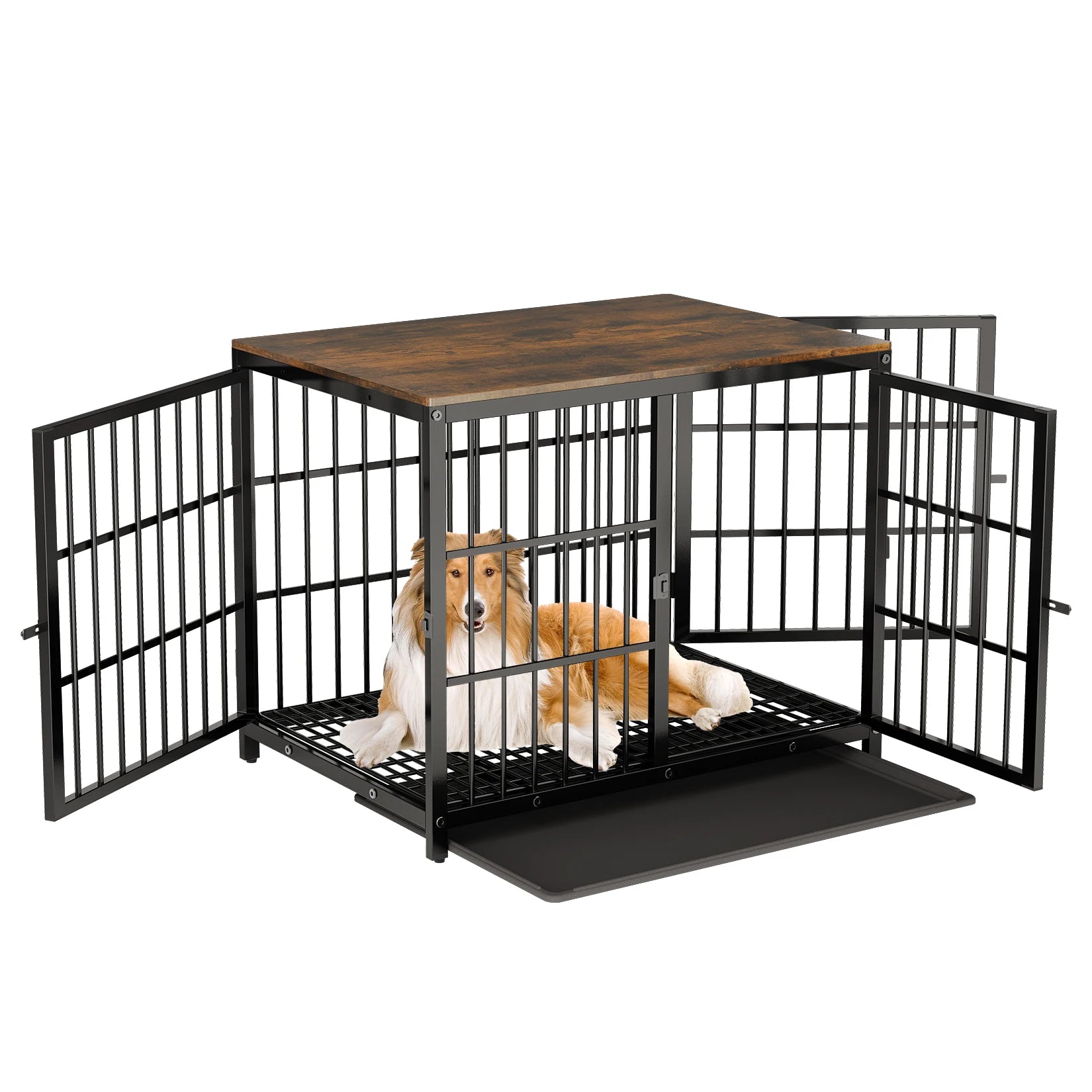 Heavy Duty Metal Wooden Dog Crate End Table with Three Doors and Removable Tray