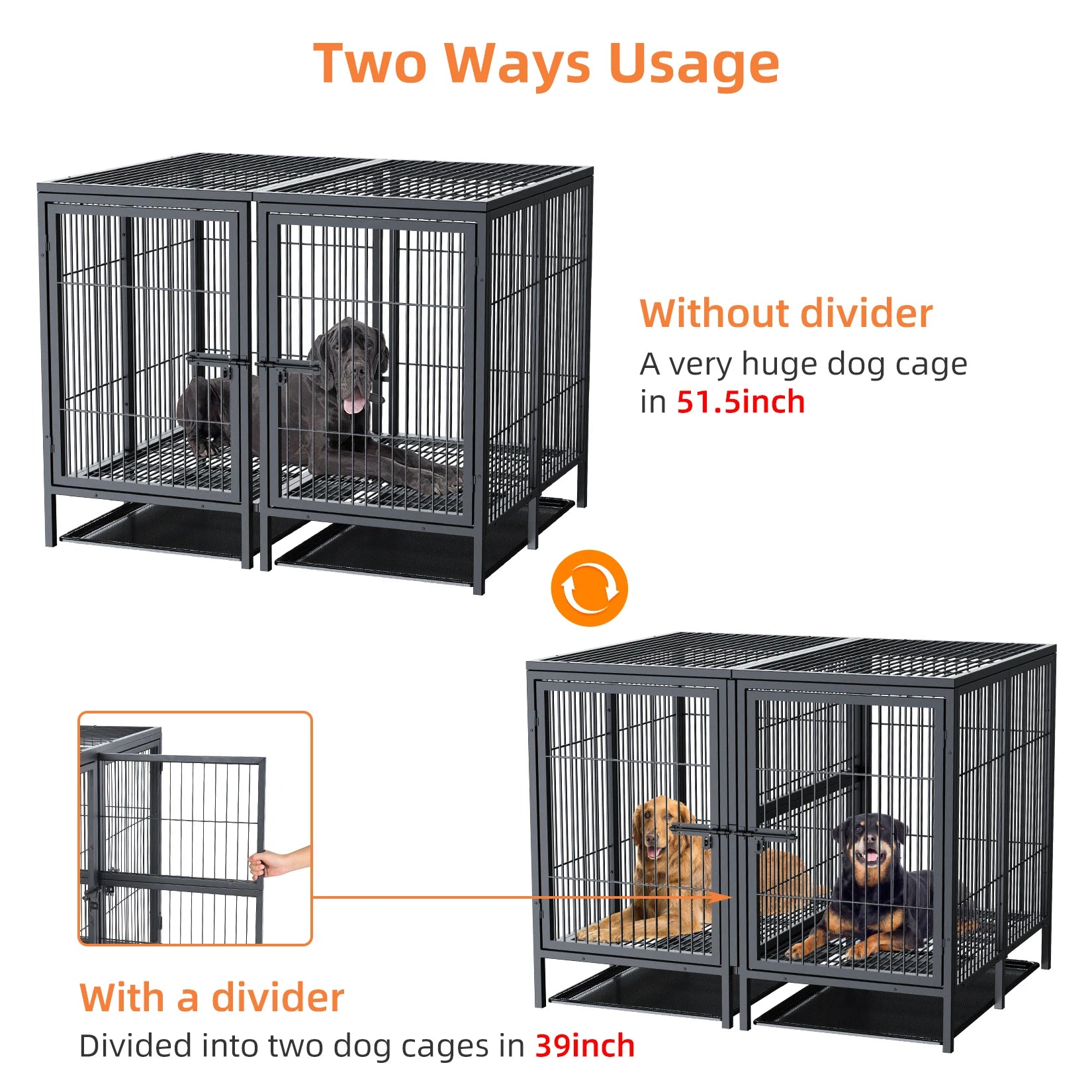 XXXL Large Heavy Duty Raised Dog Metal Crate. Pet Playpen Kennel Partition for 2 Dogs Double Door Tray Divider