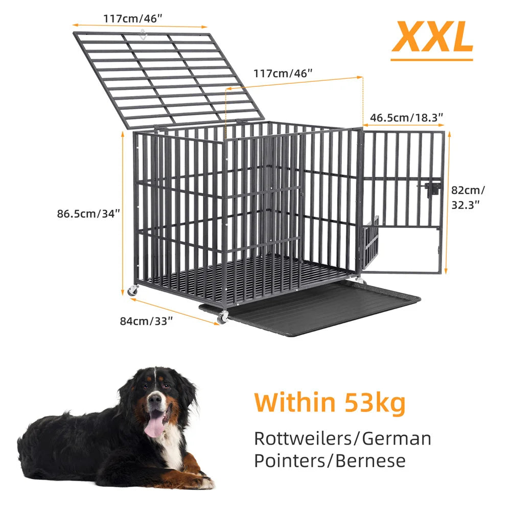 XXL Large Heavy Duty Dog Crate with Lockable Wheels and Tray
