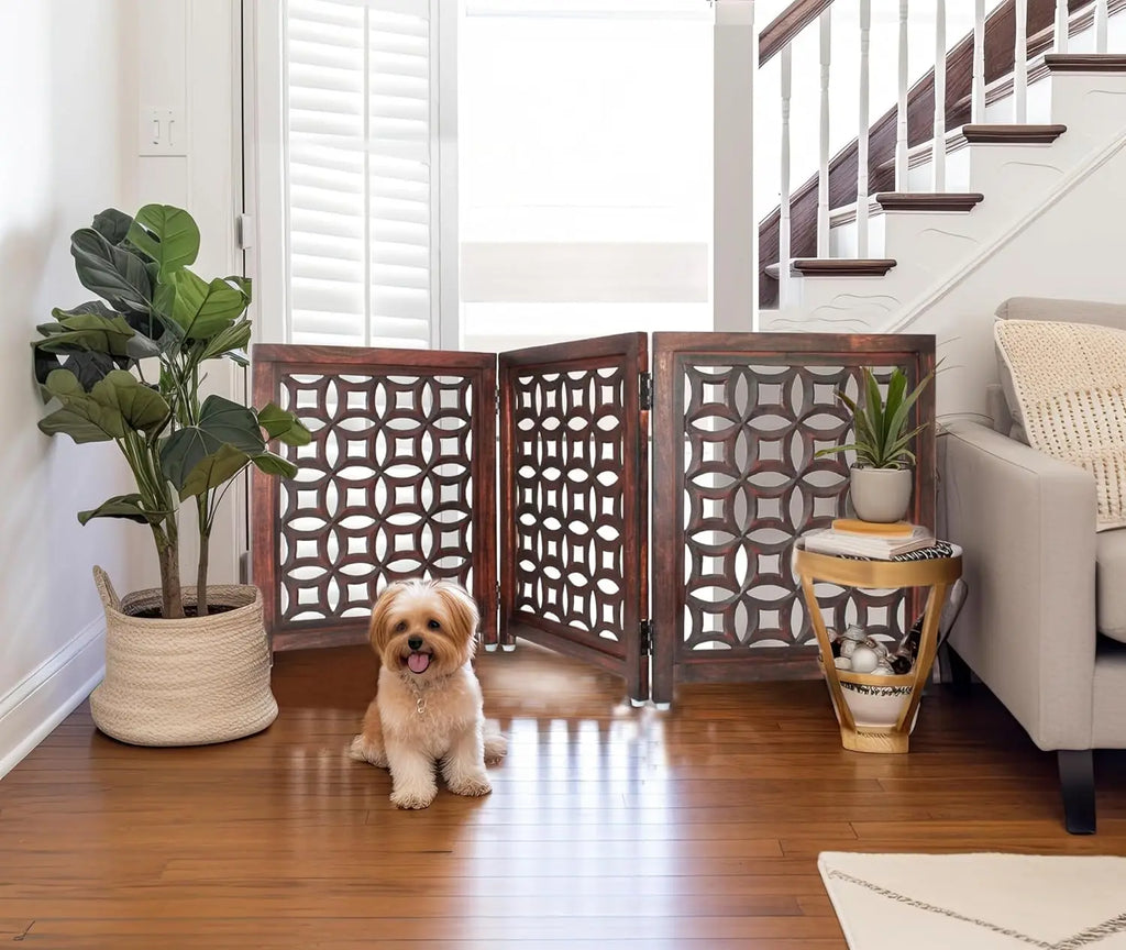 Foldable Wooden Pet Gate - 3 Panels, 20"Wx24"H, Solid Wood & MDF, Antique Brown, Fully Assembled for Indoor Use