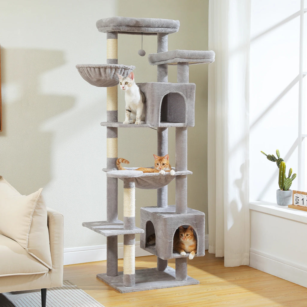 Large Tall Cat Tree for Indoor Cats. Multi-Level Plush Cat Condo with Scratching Posts, Scratching Boards, Perches and Caves