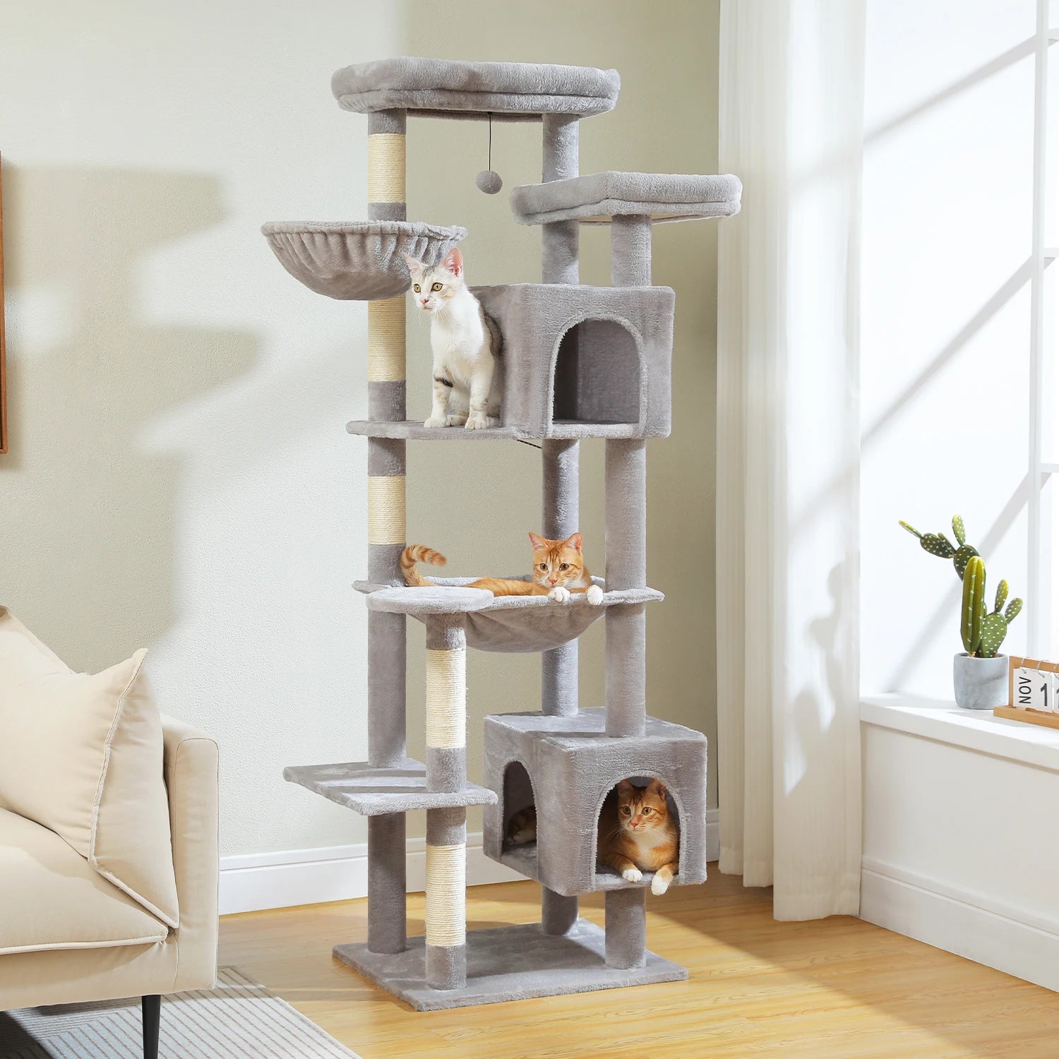 Large Tall Cat Tree for Indoor Cats. Multi-Level Plush Cat Condo with Scratching Posts, Scratching Boards, Perches and Caves