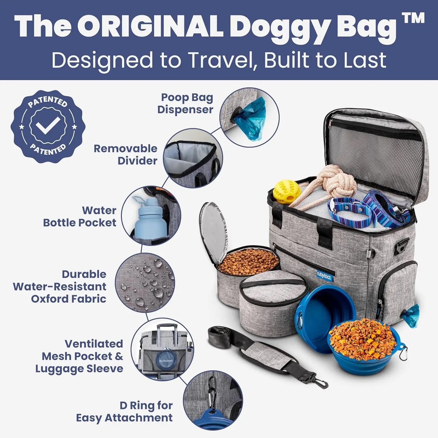 Dog Travel Bag with Collapsible Bowls & Food Containers - Grey, Perfect Gift for Pet Owners
