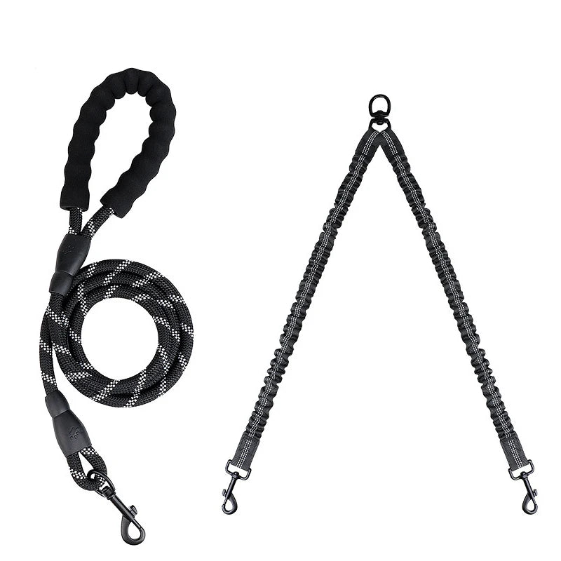 Pet Dog Double Leashes Elastic Rope Two Heads Nylon Two Dogs Collars Harness Leads.