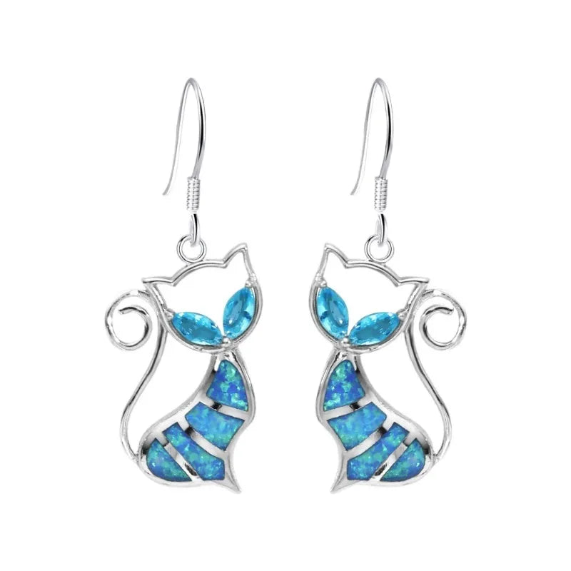 Silver and Blue Opal Cat Stud Earrings