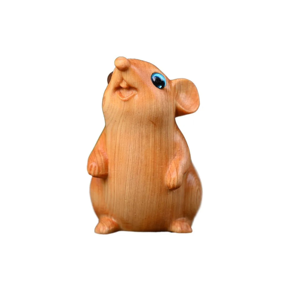 Wood Carved Zodiac Mouse Statuette. Cute Decorative Hamster Statue