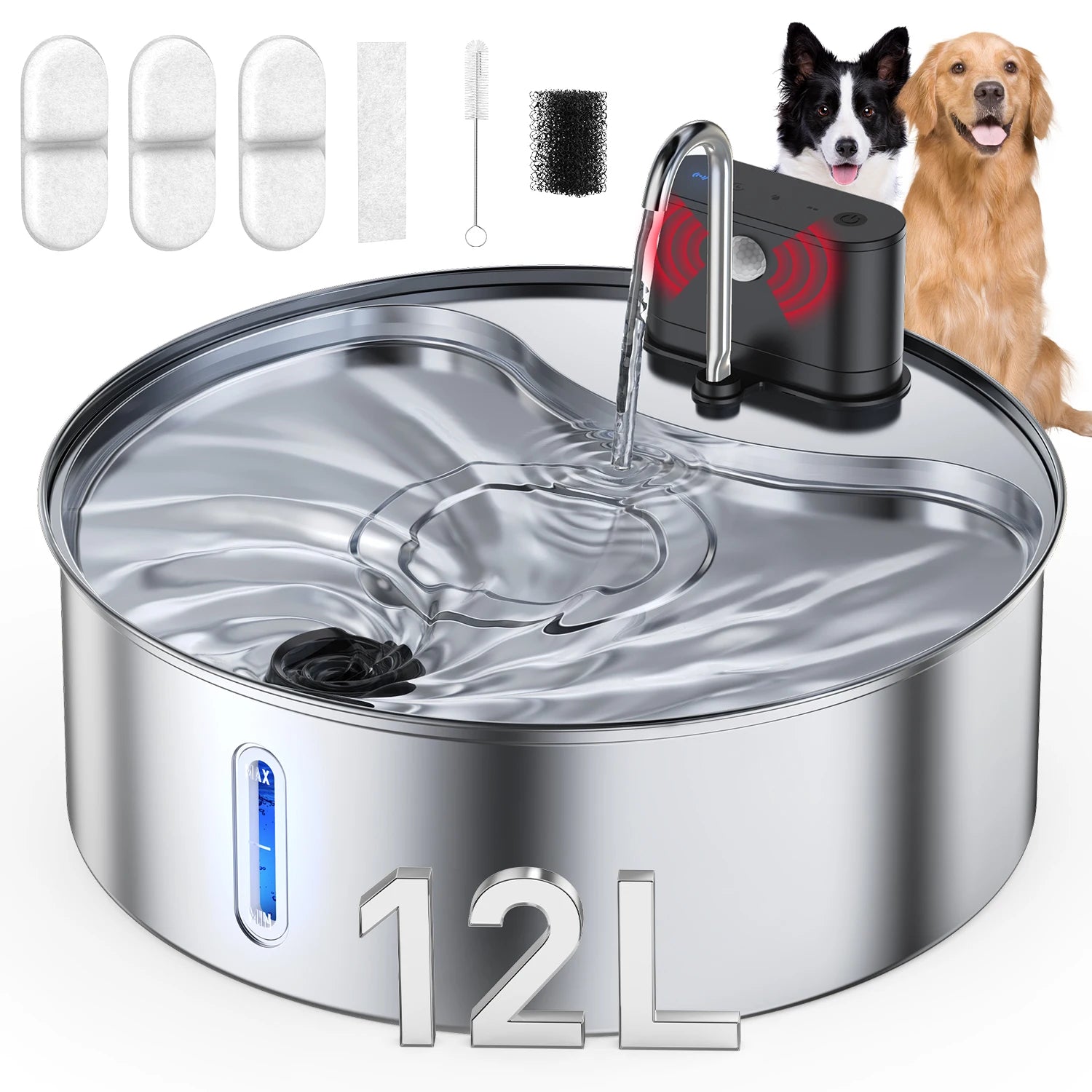 12L Stainless Steel Pet Water Fountain with Motion Sensor, Rechargeable, 3-Stage Filtration System for Cats & Dogs