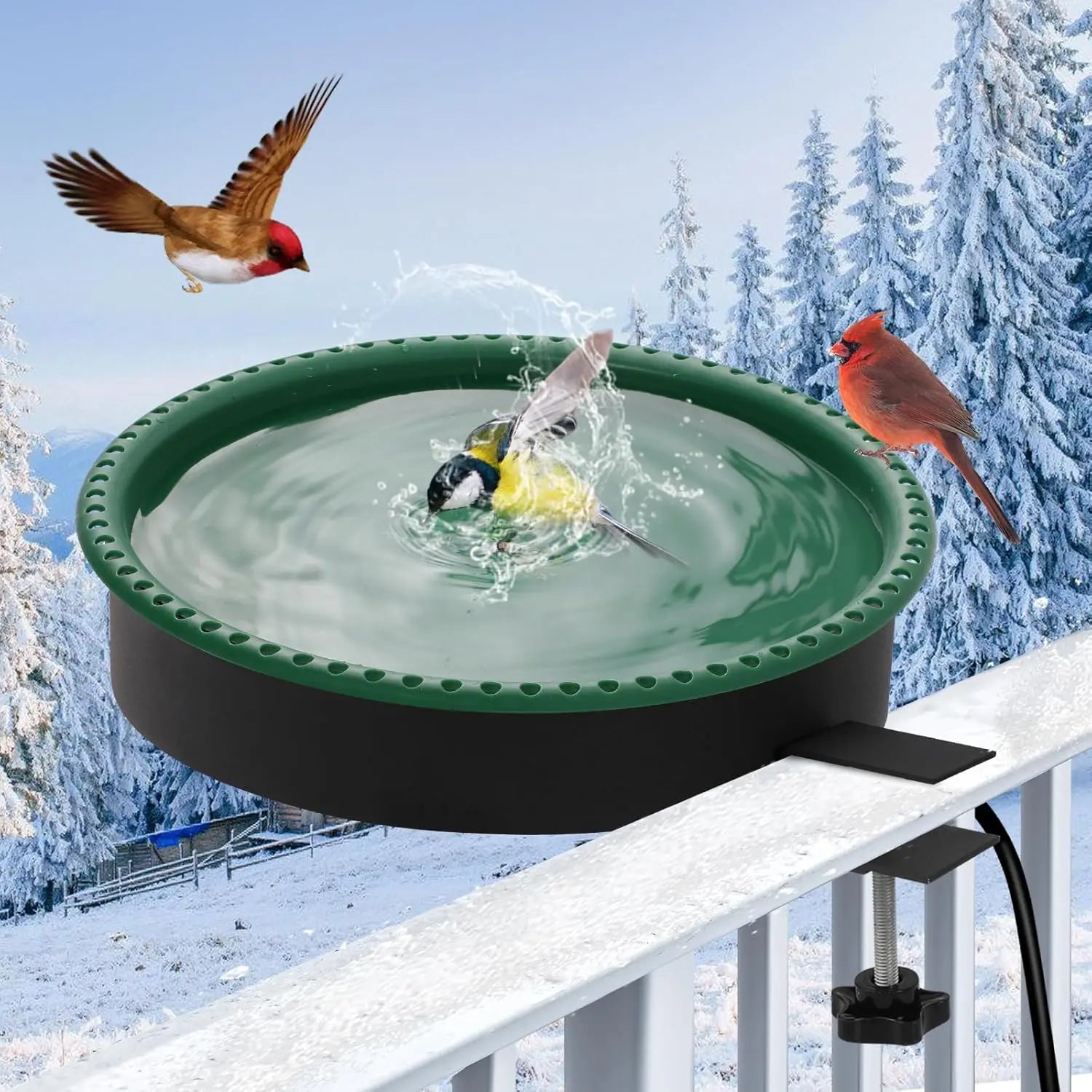 2-in-1 Heated Bird Bath with Thermostat, 100W for Outdoor Winter Use, Green