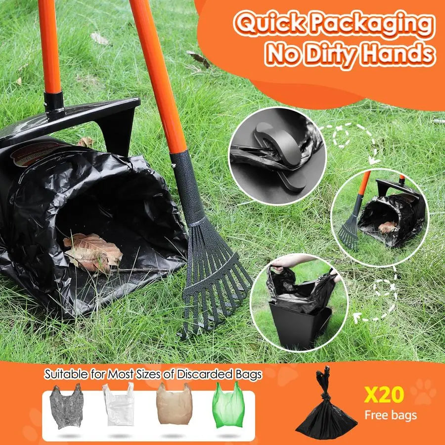 Dog Pooper Scooper with Adjustable Handle Metal Swivel Bin, Rake and Spade Kit with 20 Waste Bags