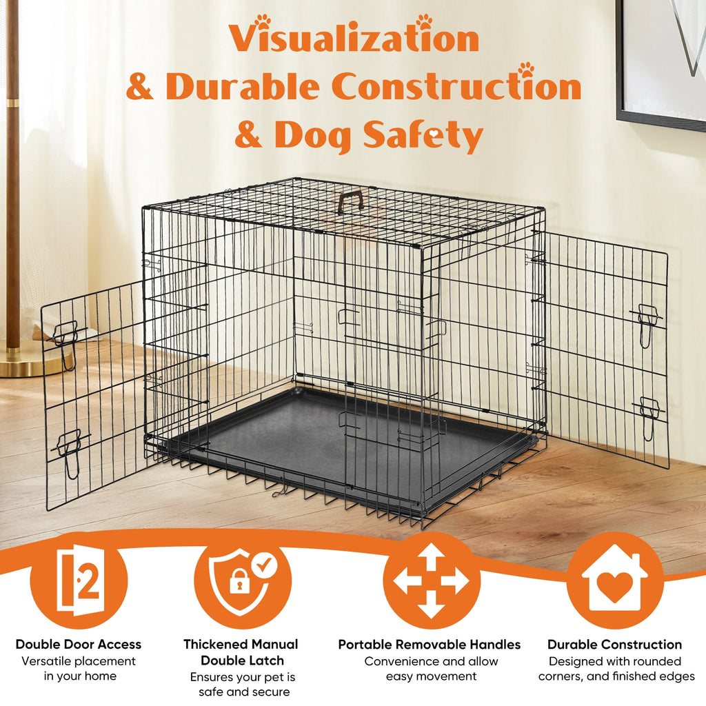 48 Inch Double Door Folding Metal Wire Dog Cage with Plastic Leak-Proof Pan