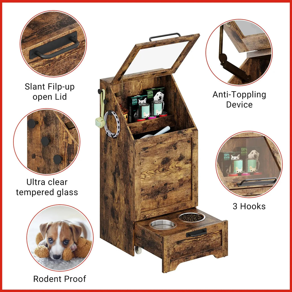 Large Dog Food Storage Cabinet with Flip Top - Pet Feeding Station & Organizer w/Transparent Lid, Side Hooks for Leashes