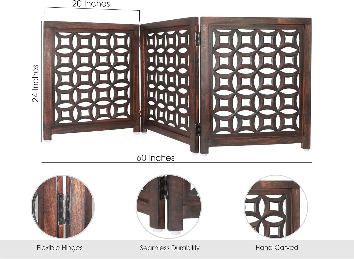 Foldable Wooden Pet Gate - 3 Panels, 20"Wx24"H, Solid Wood & MDF, Antique Brown, Fully Assembled for Indoor Use