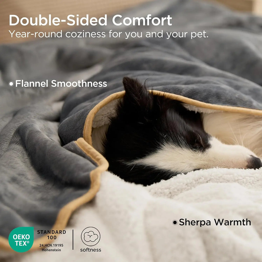 Waterproof Sherpa Fleece Pet Blanket for Large Dogs. Reversible Furniture Protector. Queen Size Grey