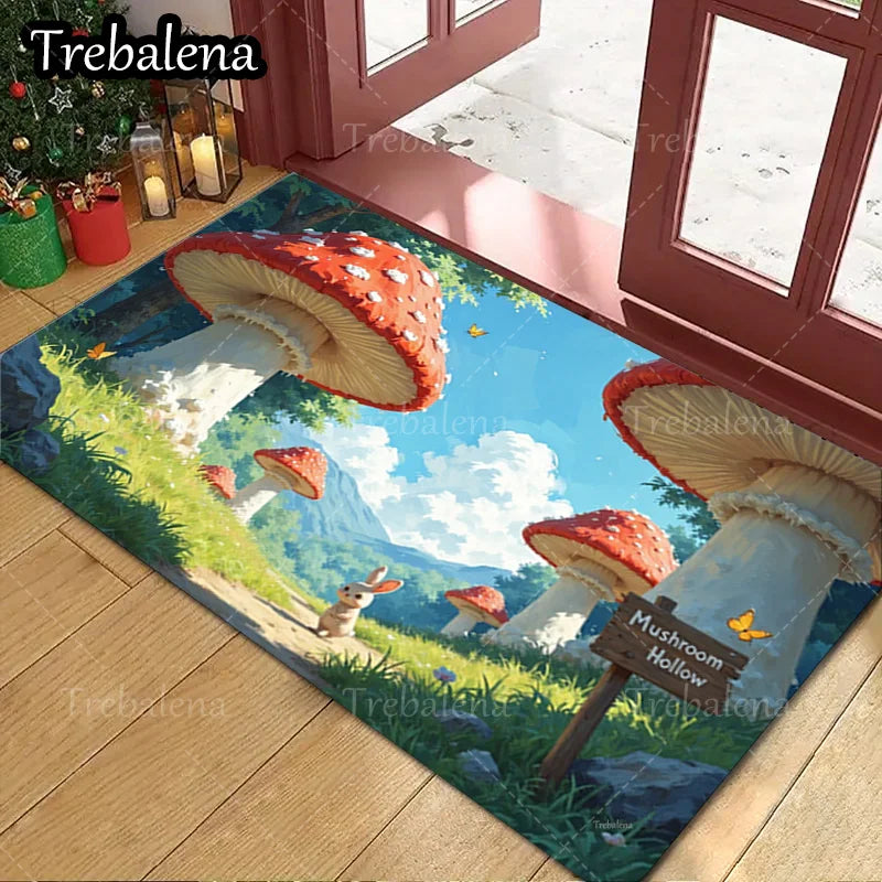 1pc Welcome Door Mat with Enchanted Forest and a Rabbit. Welcome Mat For Home Decor