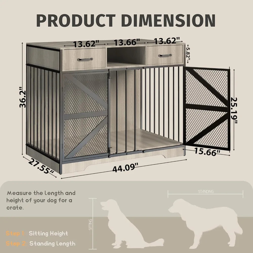 Dog Crate Furniture for Large Dogs with 2 Drawers, 44" Metal