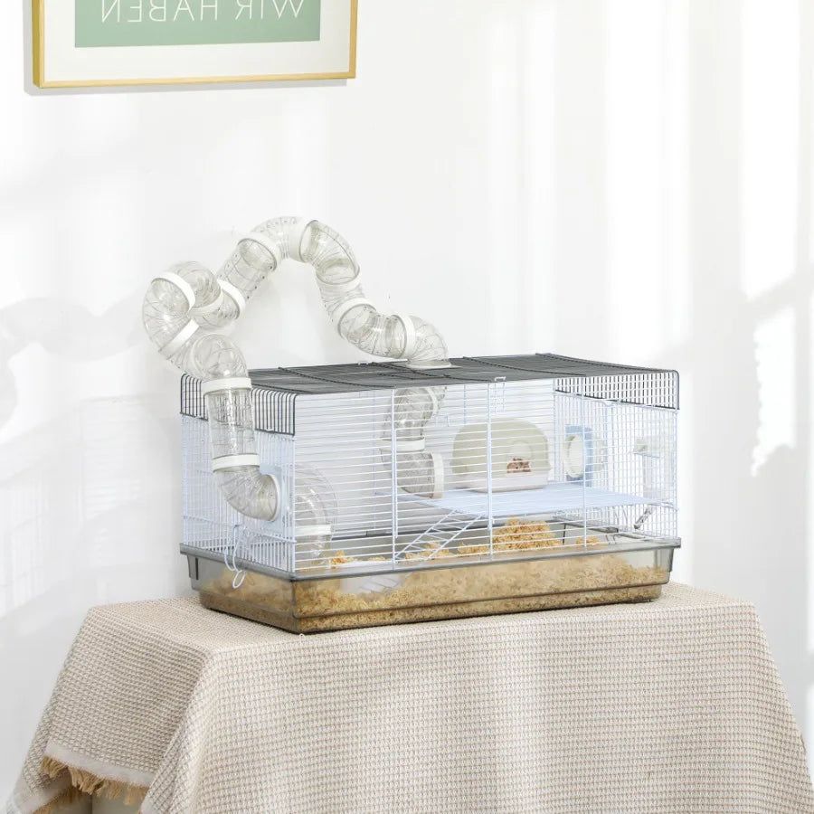 Compact Gerbil or Dwarf Hamster Cage with Tubes Exercise, Wheel, Food Dish and Water Bottle