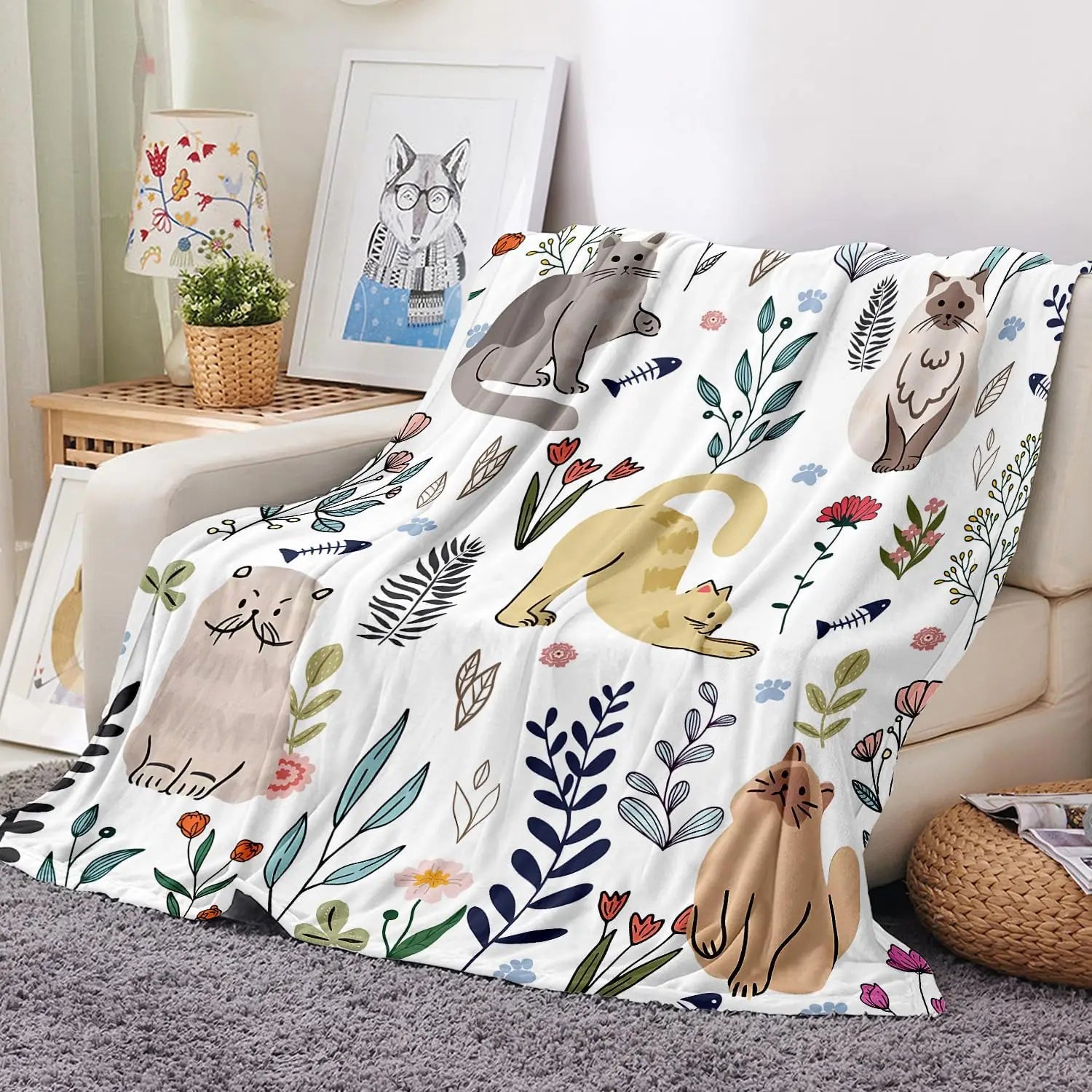 Floral Cat Throw Blanket, Cozy Flannel Plush for Bed Chair Couch, 50x60 Inch, Gift for Cat Lovers