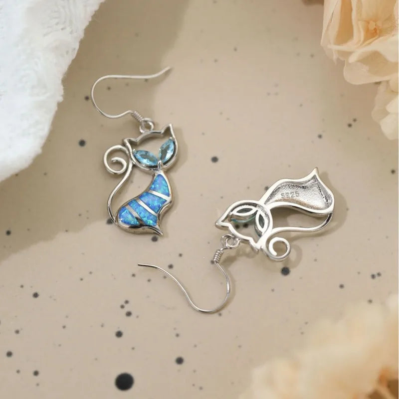 Silver and Blue Opal Cat Stud Earrings