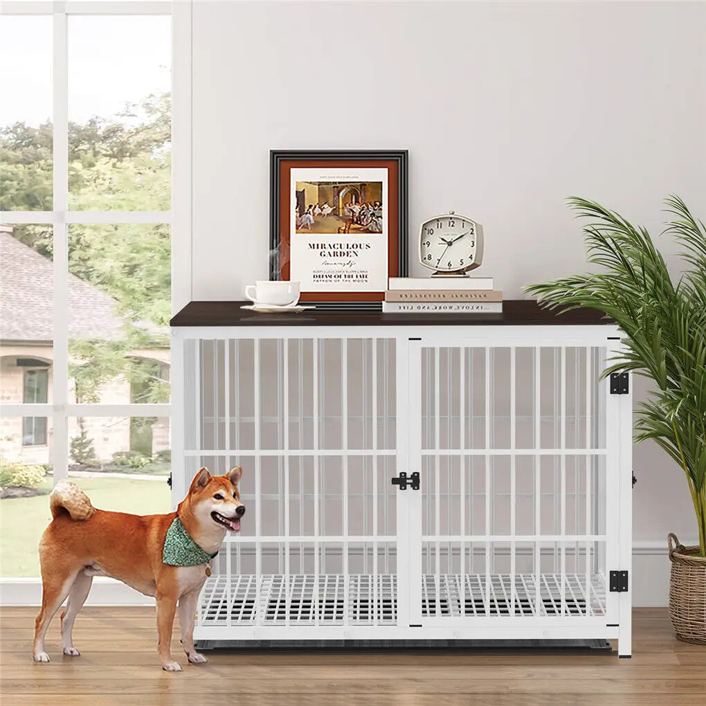 Heavy Duty Metal Wooden Dog Crate End Table with Three Doors and Removable Tray