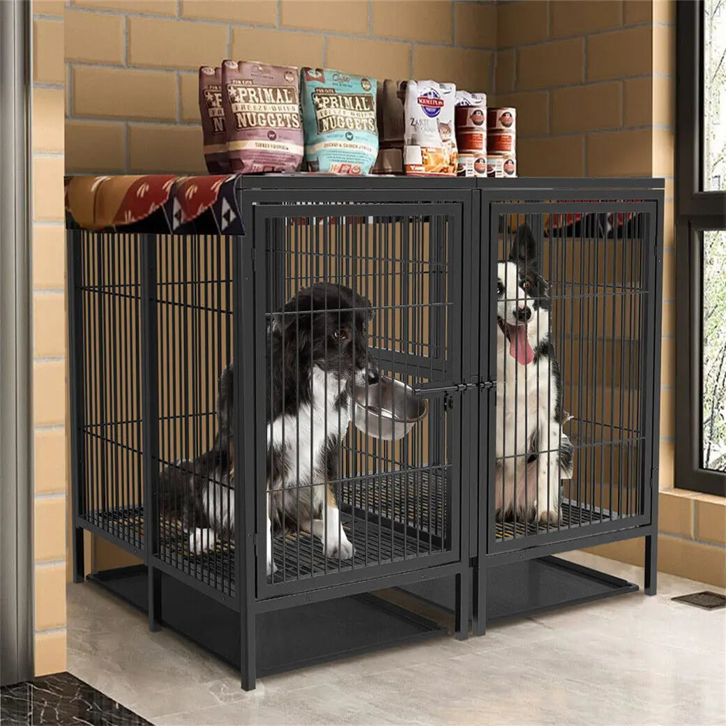 XXXL Large Heavy Duty Raised Dog Metal Crate. Pet Playpen Kennel Partition for 2 Dogs Double Door Tray Divider