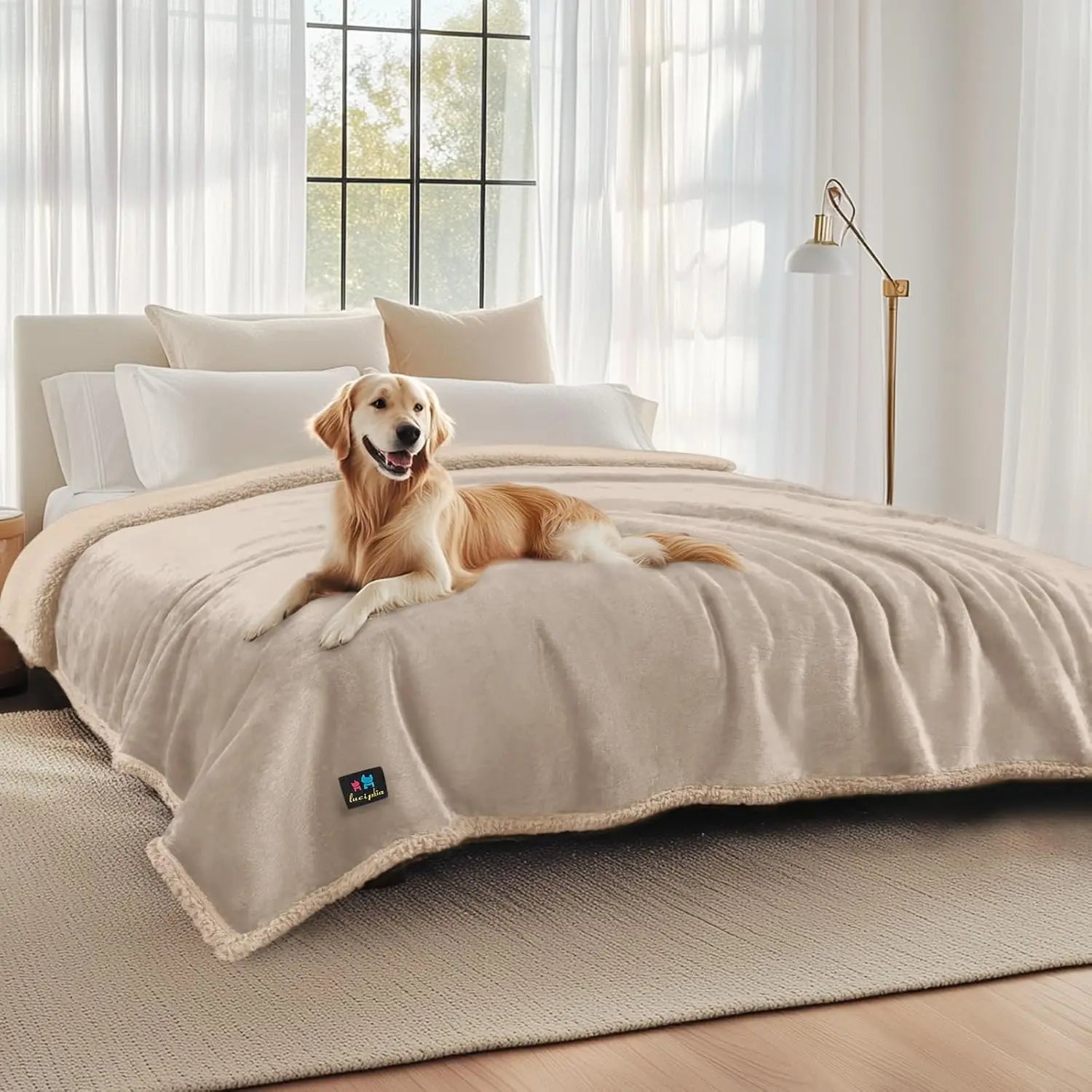 Waterproof Pet Blankets for Dogs and Cats. Reversible Sherpa Fleece Furniture Protector. Dark Beige King Size (100" x 85")