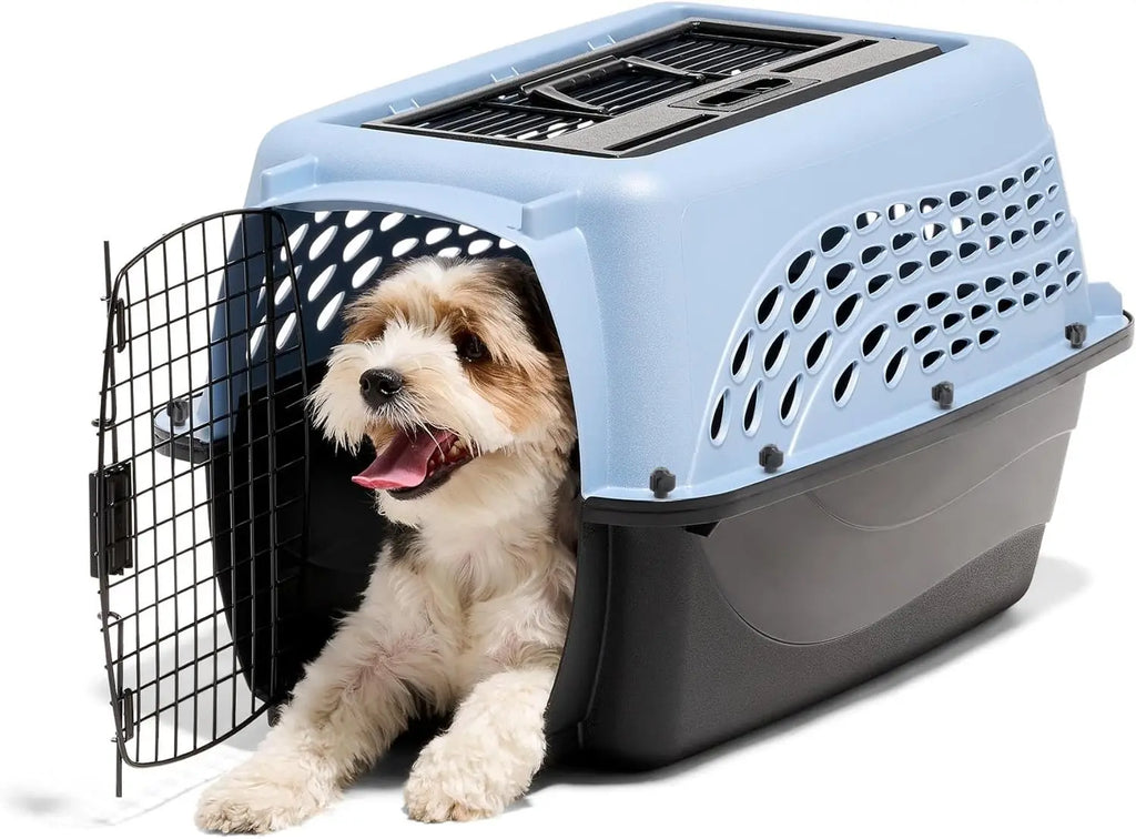 Two-Door Plastic Pet Kennel for Small Dogs & Cats, Top & Front Loading, Airline-Approved, 24" Blue