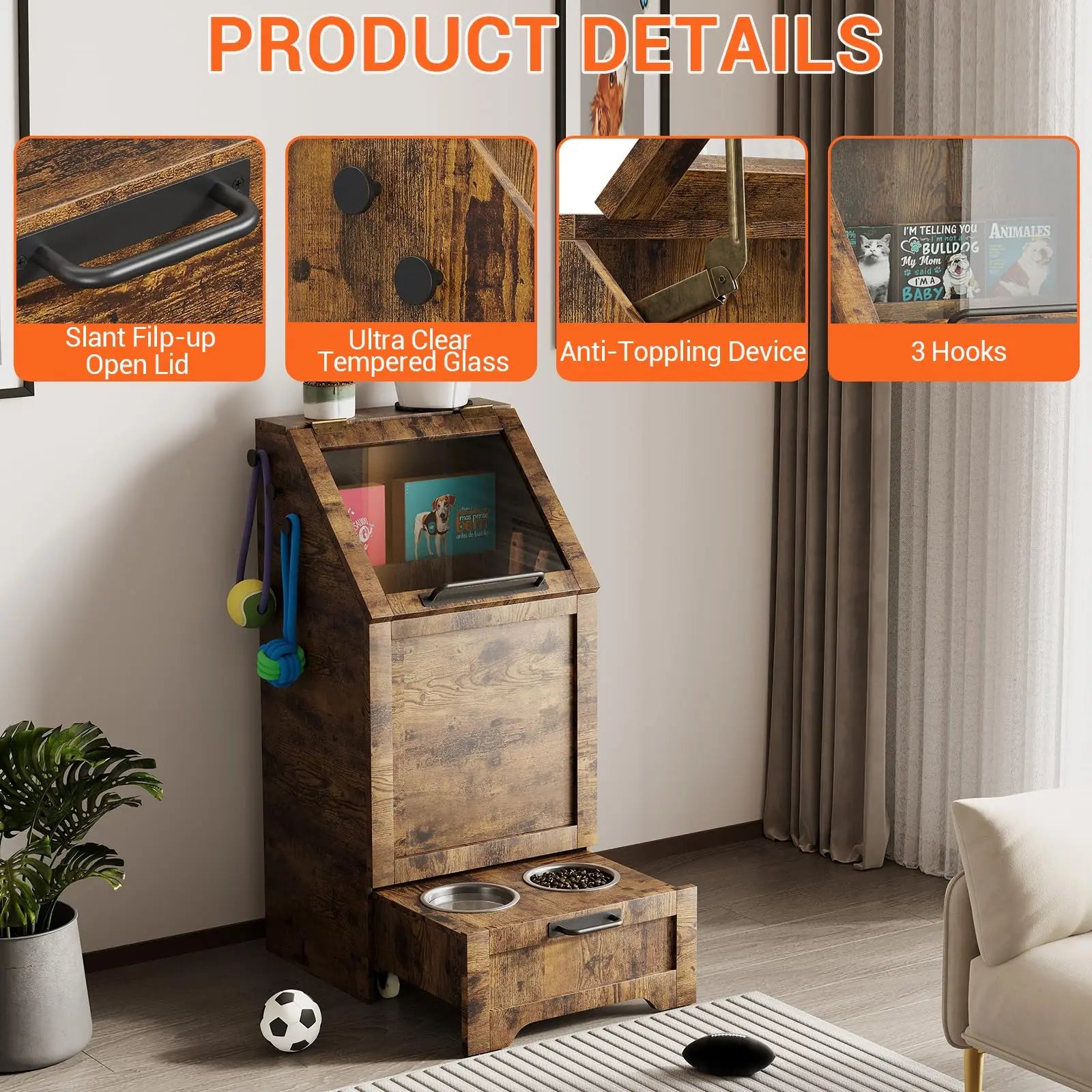 Large Dog Food Storage Cabinet with Flip Top - Pet Feeding Station & Organizer w/Transparent Lid, Side Hooks for Leashes