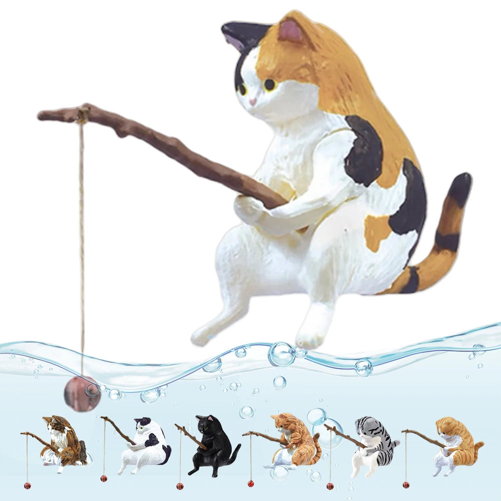 Cute Fishing Cat Figure. Fish Landscaping Cartoon Cat Statue Sitting Fishing Little Cat Ornament Aquarium Decoration